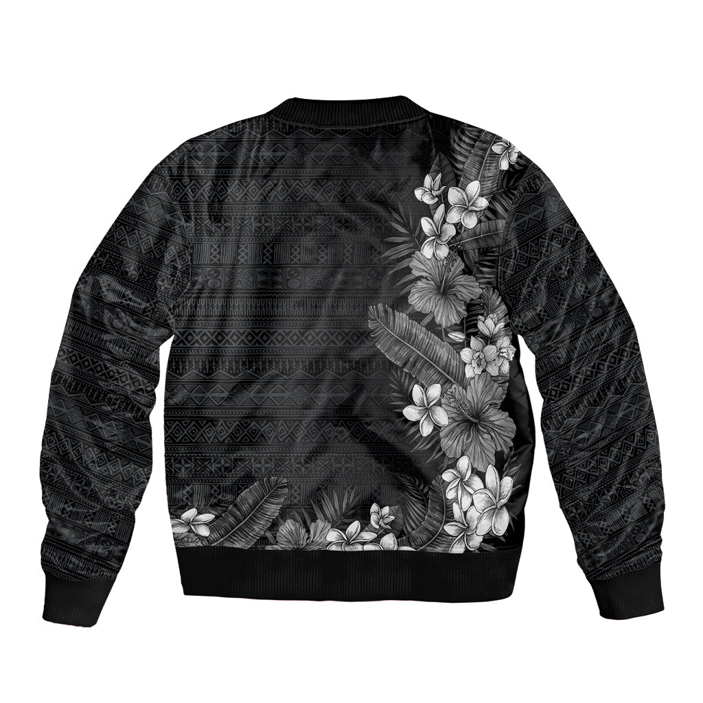 Hawaii Tropical Flowers and Leaves Bomber Jacket Tapa Pattern Grayscale Mode
