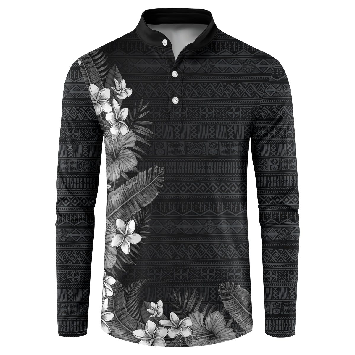 Hawaii Tropical Flowers and Leaves Button Sweatshirt Tapa Pattern Grayscale Mode