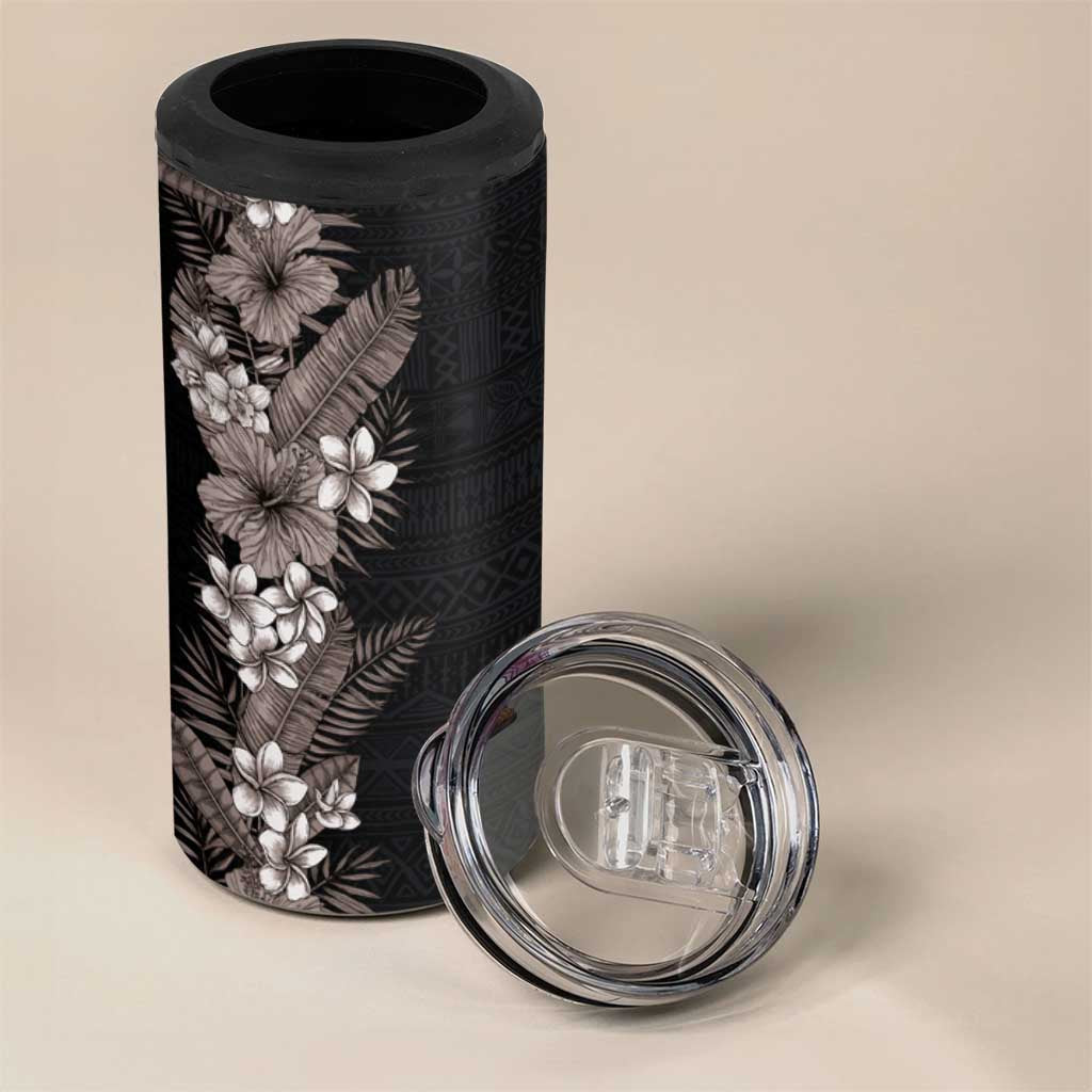 Hawaii Tropical Flowers and Leaves 4 in 1 Can Cooler Tumbler Tapa Pattern Grayscale Mode