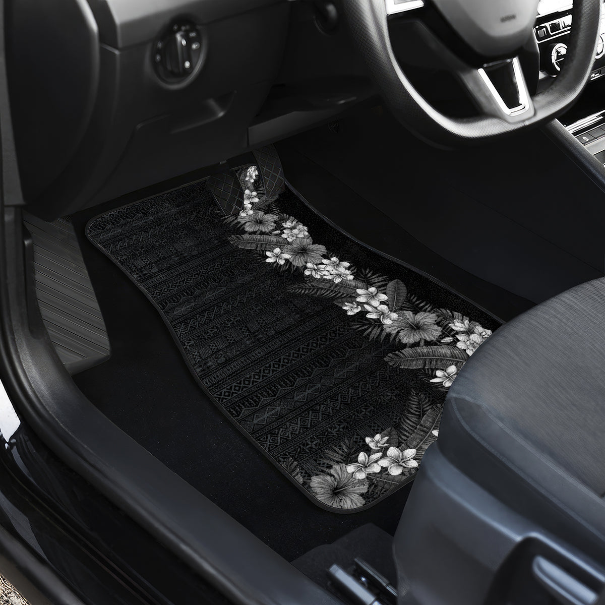 Hawaii Tropical Flowers and Leaves Car Mats Tapa Pattern Grayscale Mode