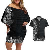 Hawaii Tropical Flowers and Leaves Couples Matching Off Shoulder Short Dress and Hawaiian Shirt Tapa Pattern Grayscale Mode