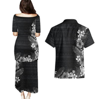 Hawaii Tropical Flowers and Leaves Couples Matching Puletasi and Hawaiian Shirt Tapa Pattern Grayscale Mode LT03 - Polynesian Pride