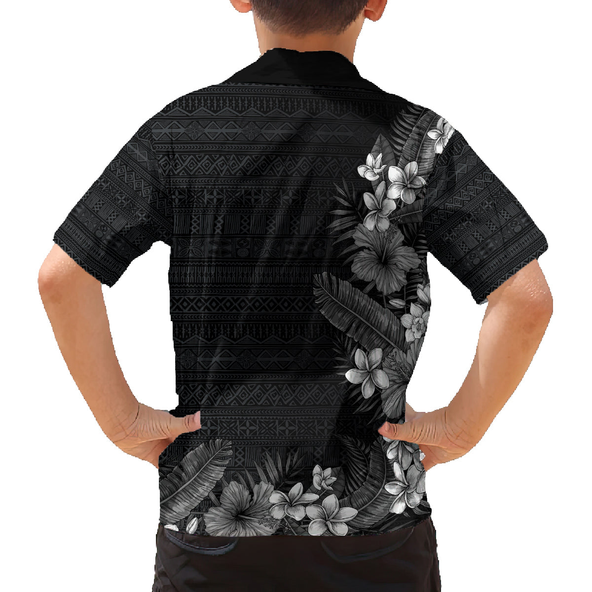 Hawaii Tropical Flowers and Leaves Family Matching Long Sleeve Bodycon Dress and Hawaiian Shirt Tapa Pattern Grayscale Mode