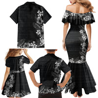 Hawaii Tropical Flowers and Leaves Family Matching Mermaid Dress and Hawaiian Shirt Tapa Pattern Grayscale Mode