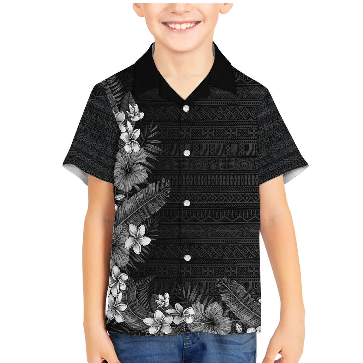 Hawaii Tropical Flowers and Leaves Family Matching Mermaid Dress and Hawaiian Shirt Tapa Pattern Grayscale Mode