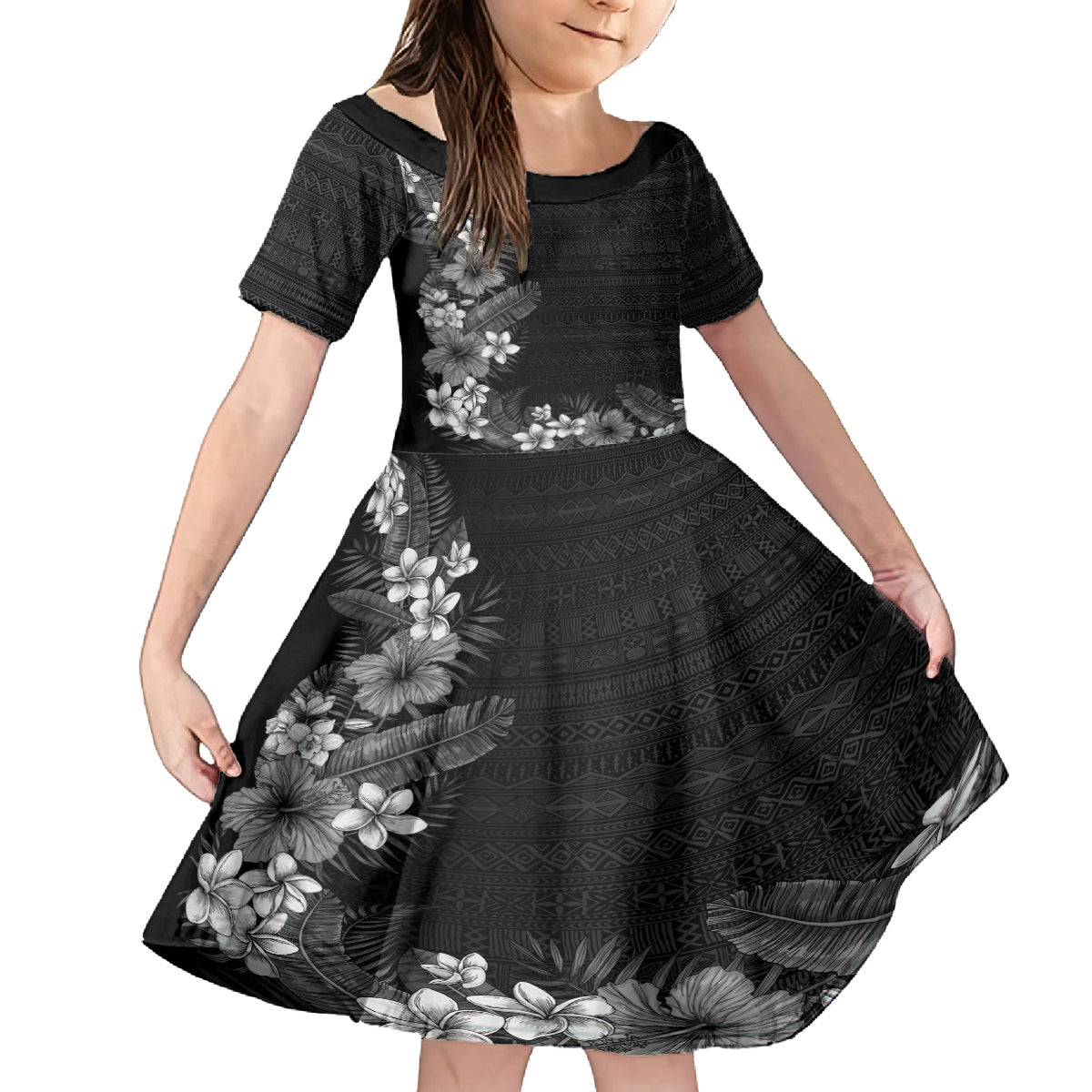 Hawaii Tropical Flowers and Leaves Family Matching Off The Shoulder Long Sleeve Dress and Hawaiian Shirt Tapa Pattern Grayscale Mode
