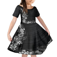 Hawaii Tropical Flowers and Leaves Family Matching Off The Shoulder Long Sleeve Dress and Hawaiian Shirt Tapa Pattern Grayscale Mode
