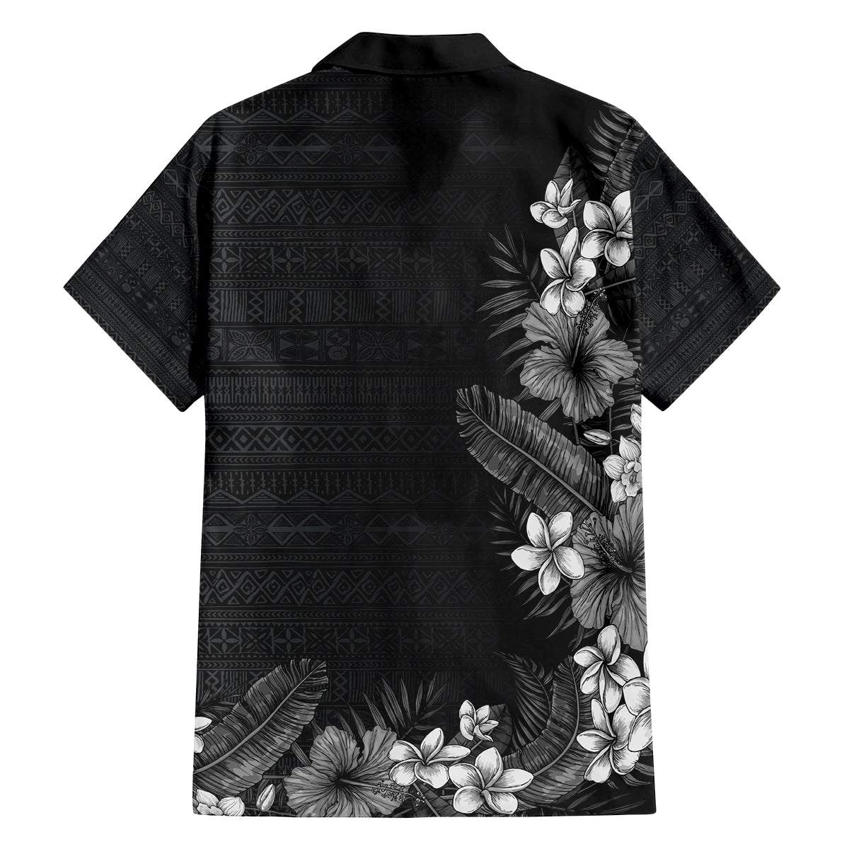 Hawaii Tropical Flowers and Leaves Family Matching Off The Shoulder Long Sleeve Dress and Hawaiian Shirt Tapa Pattern Grayscale Mode