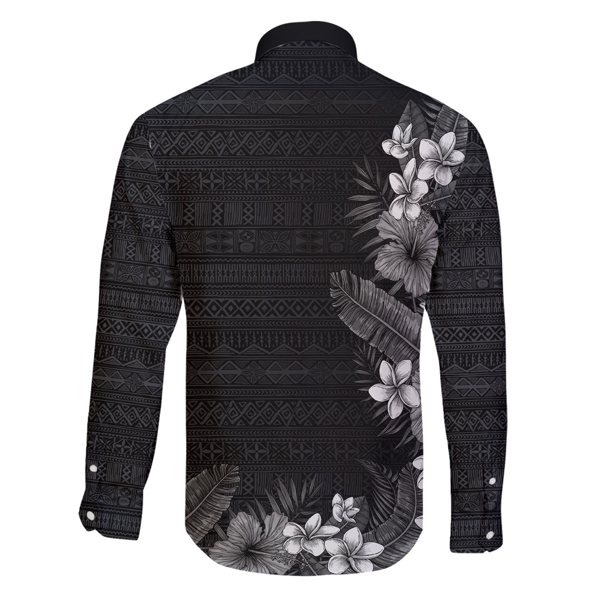 Hawaii Tropical Flowers and Leaves Family Matching Off The Shoulder Long Sleeve Dress and Hawaiian Shirt Tapa Pattern Grayscale Mode