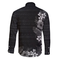 Hawaii Tropical Flowers and Leaves Family Matching Off The Shoulder Long Sleeve Dress and Hawaiian Shirt Tapa Pattern Grayscale Mode