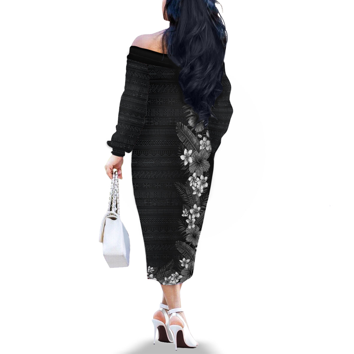 Hawaii Tropical Flowers and Leaves Family Matching Off The Shoulder Long Sleeve Dress and Hawaiian Shirt Tapa Pattern Grayscale Mode