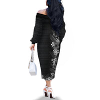 Hawaii Tropical Flowers and Leaves Family Matching Off The Shoulder Long Sleeve Dress and Hawaiian Shirt Tapa Pattern Grayscale Mode