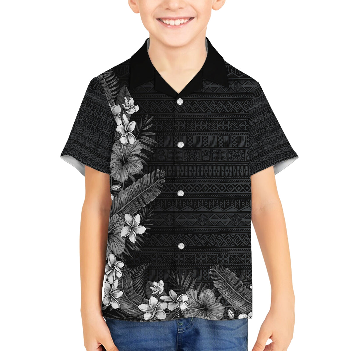 Hawaii Tropical Flowers and Leaves Family Matching Off The Shoulder Long Sleeve Dress and Hawaiian Shirt Tapa Pattern Grayscale Mode