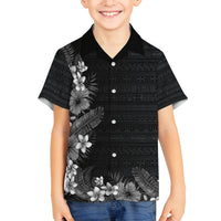 Hawaii Tropical Flowers and Leaves Family Matching Off The Shoulder Long Sleeve Dress and Hawaiian Shirt Tapa Pattern Grayscale Mode