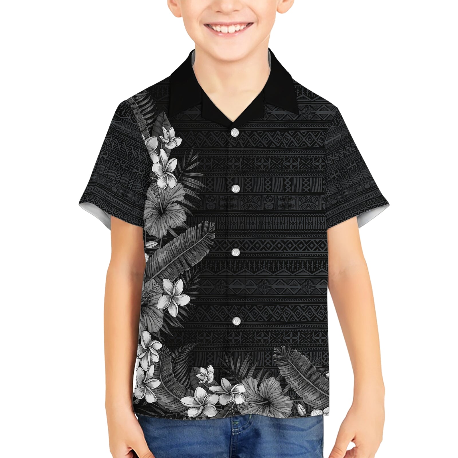 Hawaii Tropical Flowers and Leaves Kid Hawaiian Shirt Tapa Pattern Grayscale Mode LT03 Kid Grayscale - Polynesian Pride