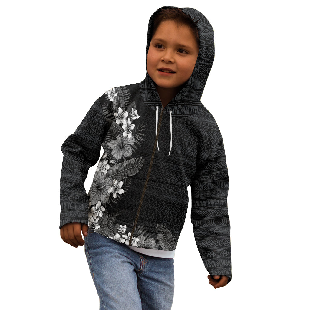 Hawaii Tropical Flowers and Leaves Kid Hoodie Tapa Pattern Grayscale Mode