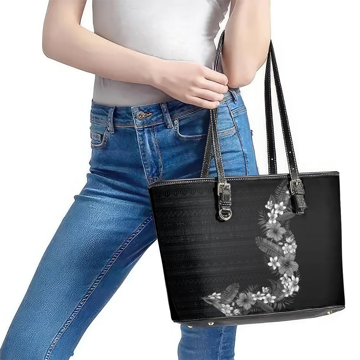 Hawaii Tropical Flowers and Leaves Leather Tote Bag Tapa Pattern Grayscale Mode LT03 - Polynesian Pride
