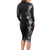 Hawaii Tropical Flowers and Leaves Long Sleeve Bodycon Dress Tapa Pattern Grayscale Mode