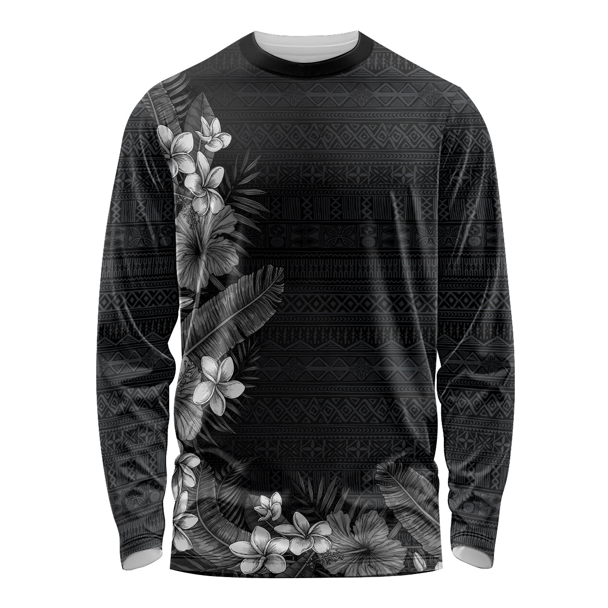 Hawaii Tropical Flowers and Leaves Long Sleeve Shirt Tapa Pattern Grayscale Mode LT03 Unisex Grayscale - Polynesian Pride