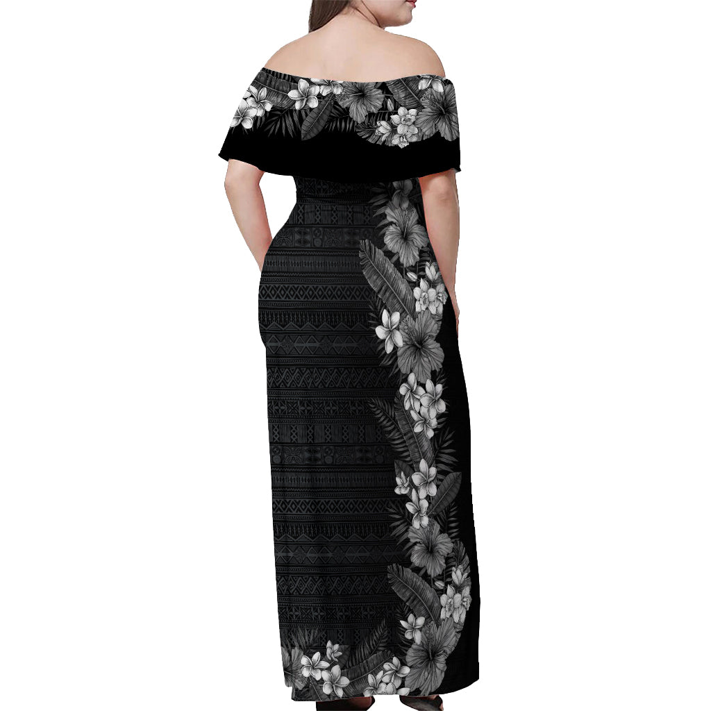 Hawaii Tropical Flowers and Leaves Off Shoulder Maxi Dress Tapa Pattern Grayscale Mode