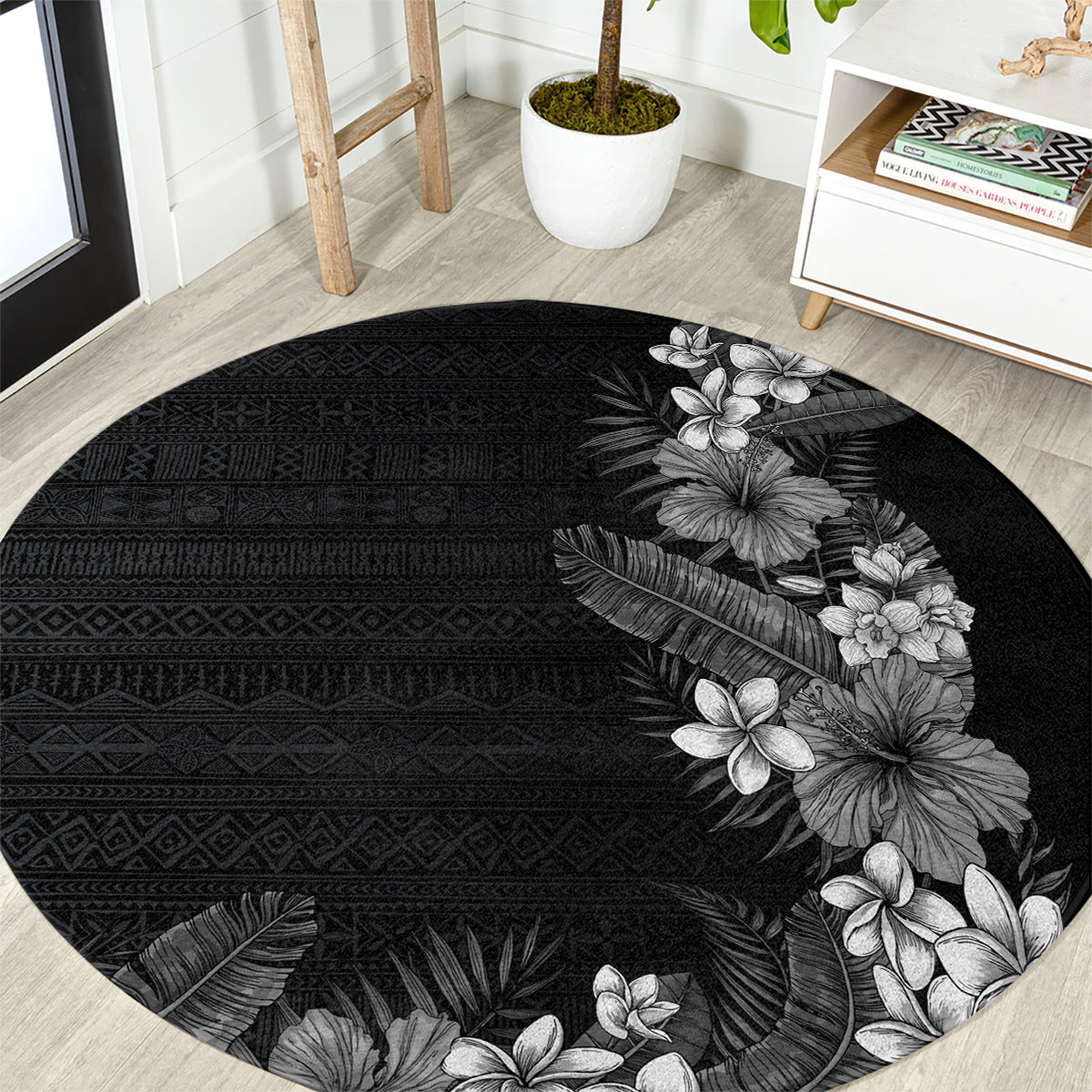 Hawaii Tropical Flowers and Leaves Round Carpet Tapa Pattern Grayscale Mode LT03 Grayscale - Polynesian Pride