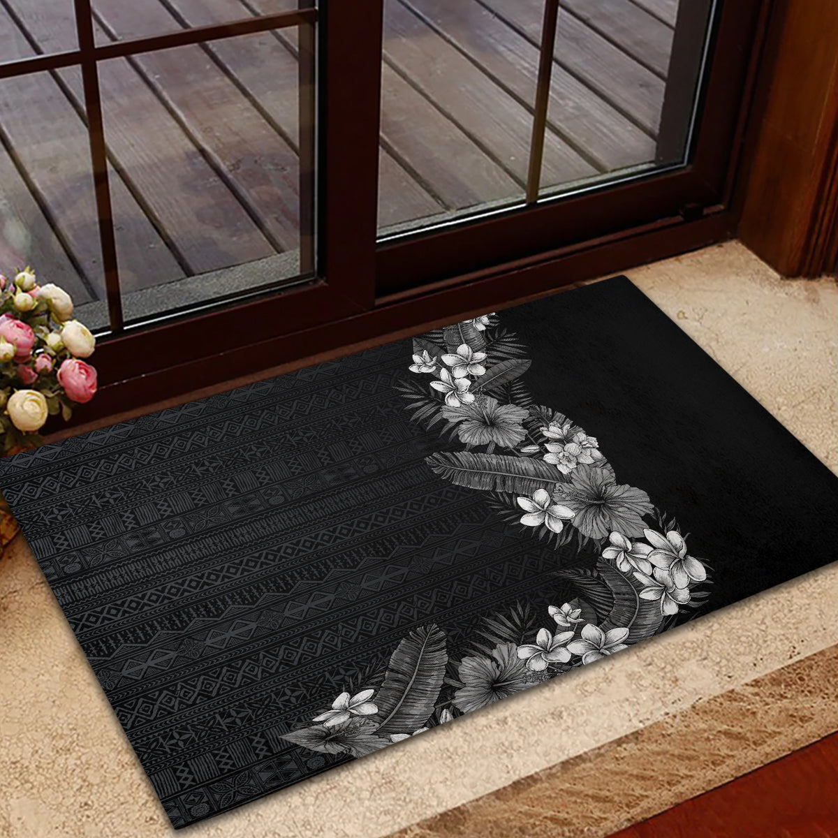Hawaii Tropical Flowers and Leaves Rubber Doormat Tapa Pattern Grayscale Mode
