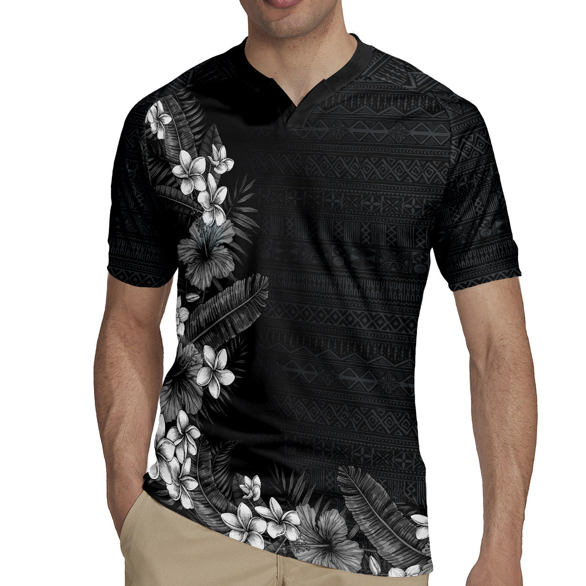 Hawaii Tropical Flowers and Leaves Rugby Jersey Tapa Pattern Grayscale Mode