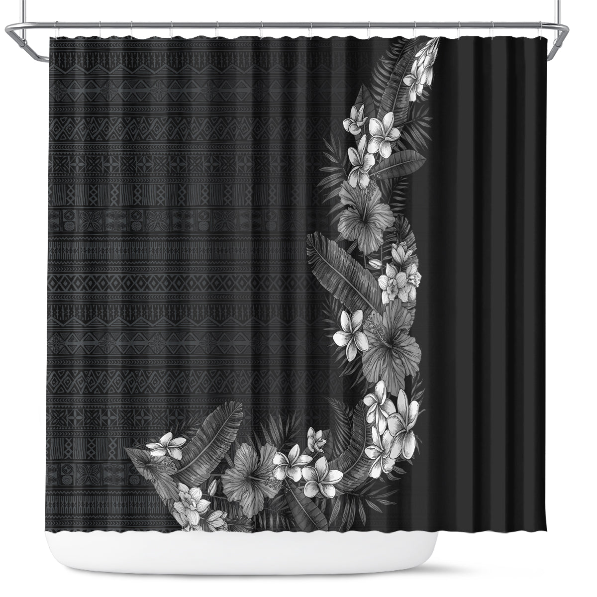 Hawaii Tropical Flowers and Leaves Shower Curtain Tapa Pattern Grayscale Mode LT03 Grayscale - Polynesian Pride