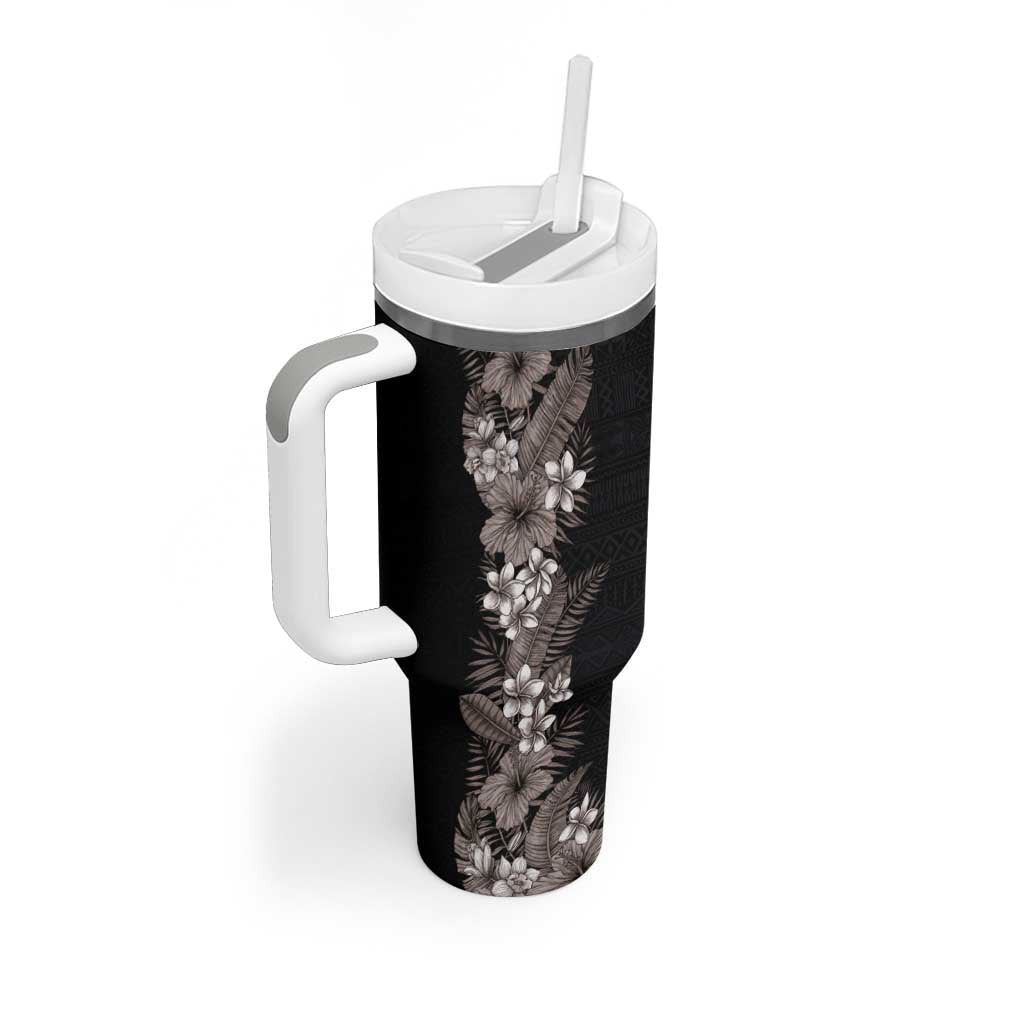 Hawaii Tropical Flowers and Leaves Tumbler With Handle Tapa Pattern Grayscale Mode