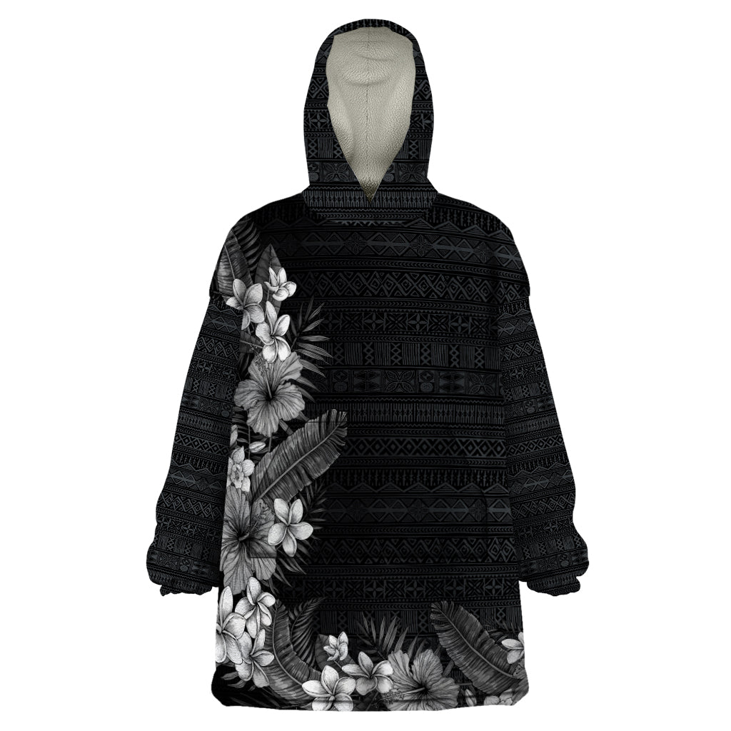 Hawaii Tropical Flowers and Leaves Wearable Blanket Hoodie Tapa Pattern Grayscale Mode LT03 One Size Grayscale - Polynesian Pride
