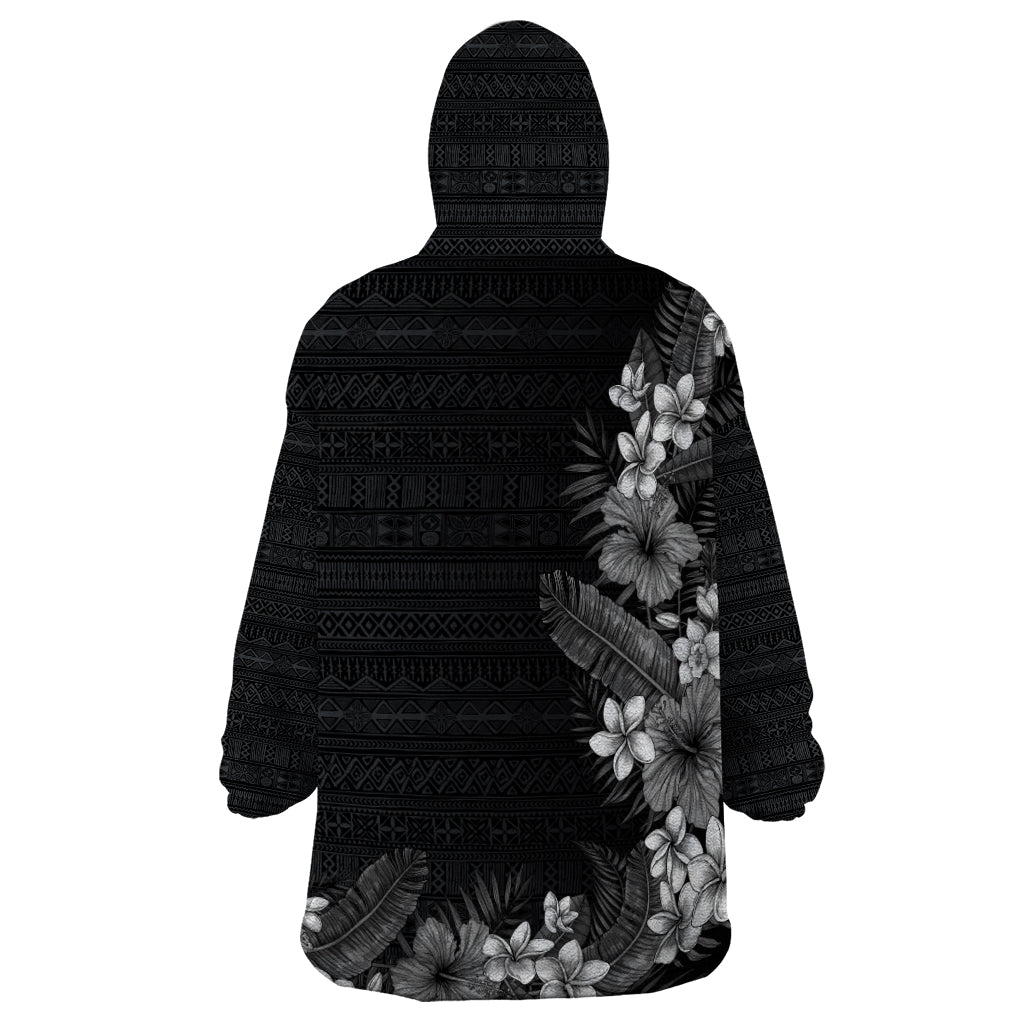 Hawaii Tropical Flowers and Leaves Wearable Blanket Hoodie Tapa Pattern Grayscale Mode