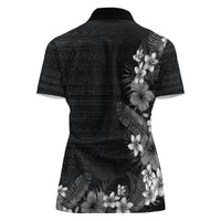 Hawaii Tropical Flowers and Leaves Women Polo Shirt Tapa Pattern Grayscale Mode