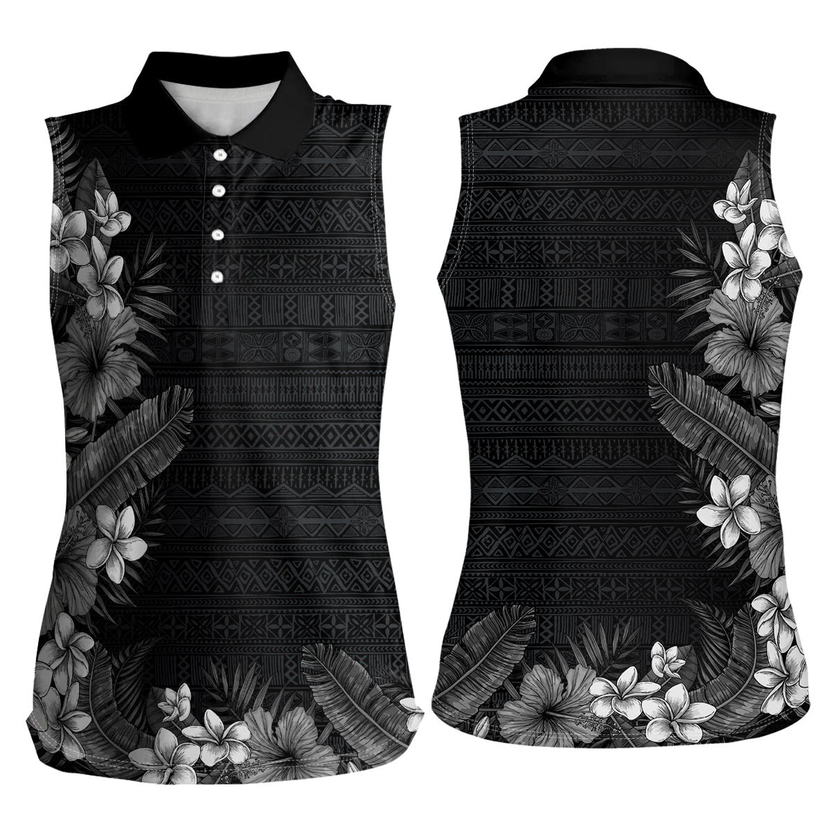Hawaii Tropical Flowers and Leaves Women Sleeveless Polo Shirt Tapa Pattern Grayscale Mode