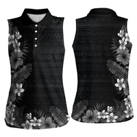 Hawaii Tropical Flowers and Leaves Women Sleeveless Polo Shirt Tapa Pattern Grayscale Mode