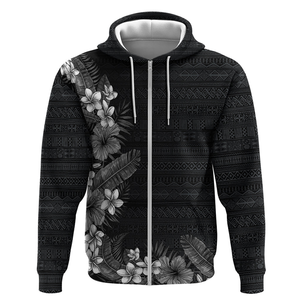 Hawaii Tropical Flowers and Leaves Zip Hoodie Tapa Pattern Grayscale Mode LT03 Zip Hoodie Grayscale - Polynesian Pride