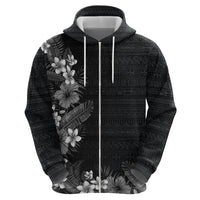 Hawaii Tropical Flowers and Leaves Zip Hoodie Tapa Pattern Grayscale Mode