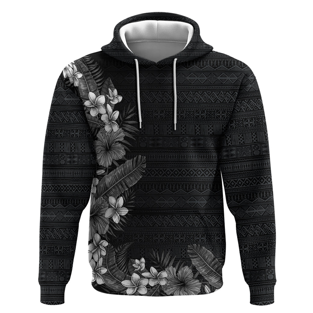 Hawaii Tropical Flowers and Leaves Zip Hoodie Tapa Pattern Grayscale Mode