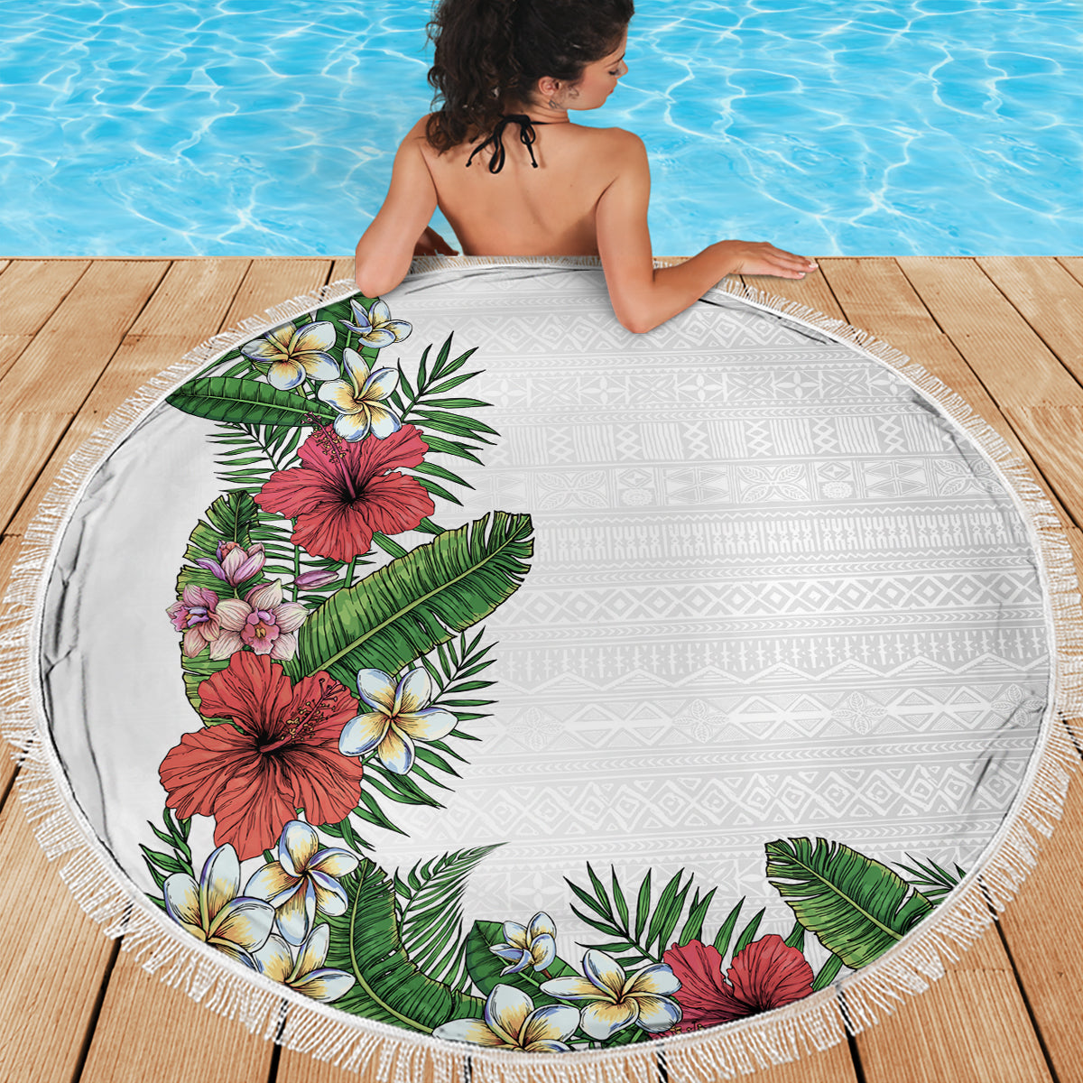 Hawaii Tropical Flowers and Leaves Beach Blanket Tapa Pattern White Mode