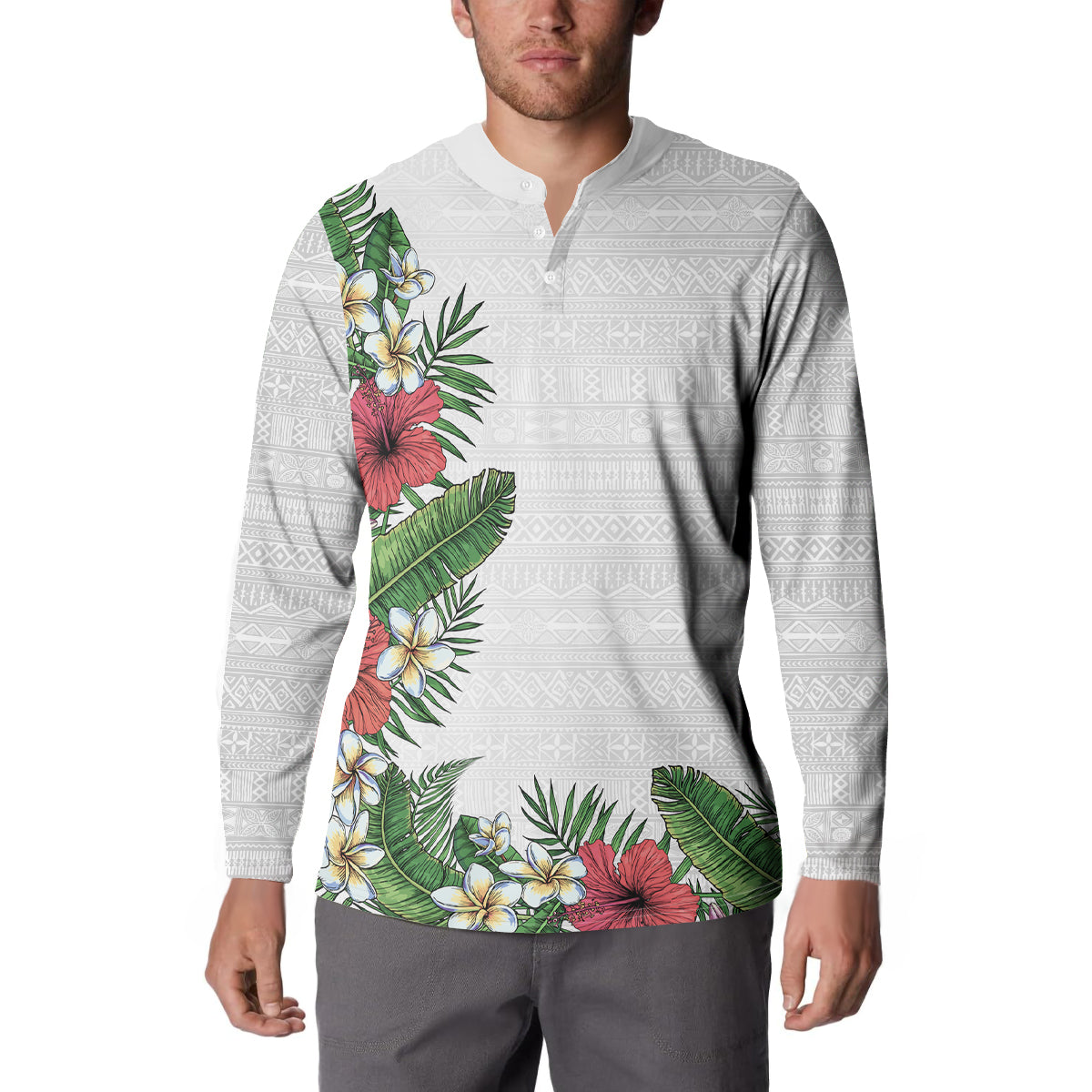 Hawaii Tropical Flowers and Leaves Button Sweatshirt Tapa Pattern White Mode