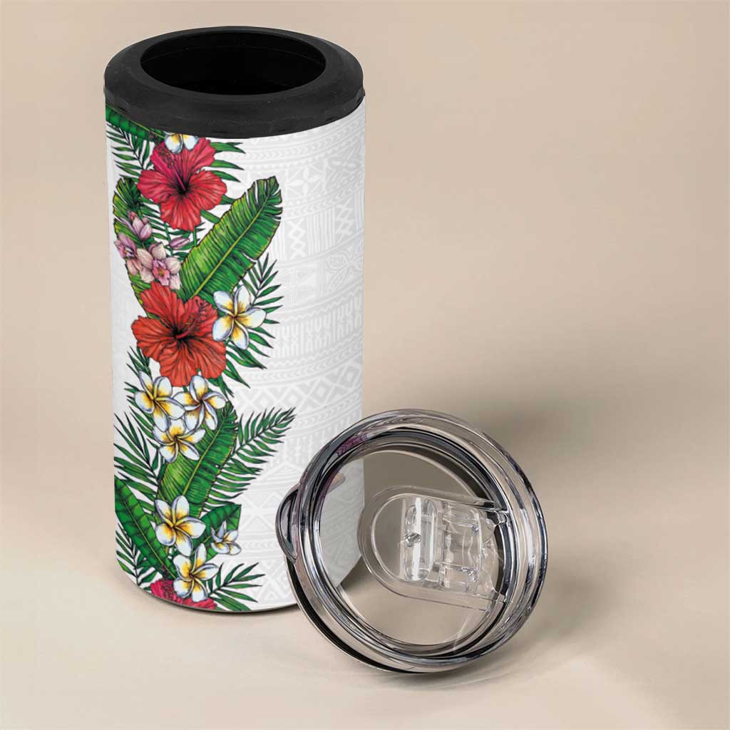 Hawaii Tropical Flowers and Leaves 4 in 1 Can Cooler Tumbler Tapa Pattern White Mode
