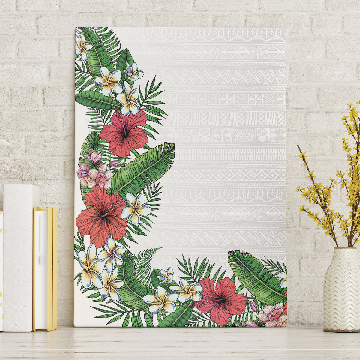 Hawaii Tropical Flowers and Leaves Canvas Wall Art Tapa Pattern White Mode LT03 Without Frame White - Polynesian Pride