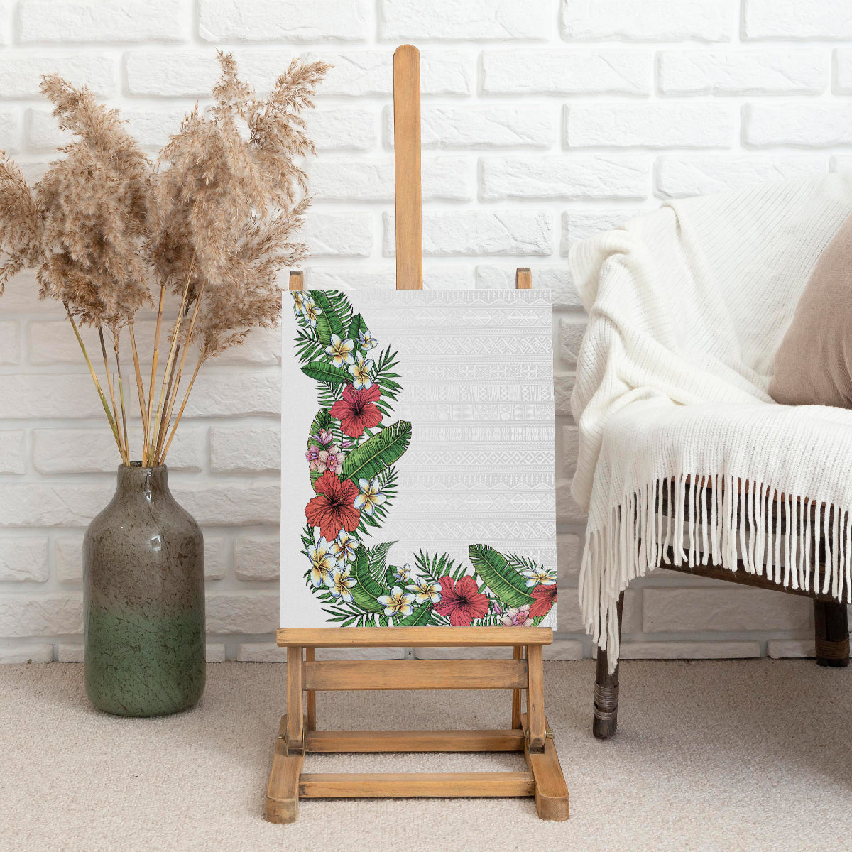 Hawaii Tropical Flowers and Leaves Canvas Wall Art Tapa Pattern White Mode