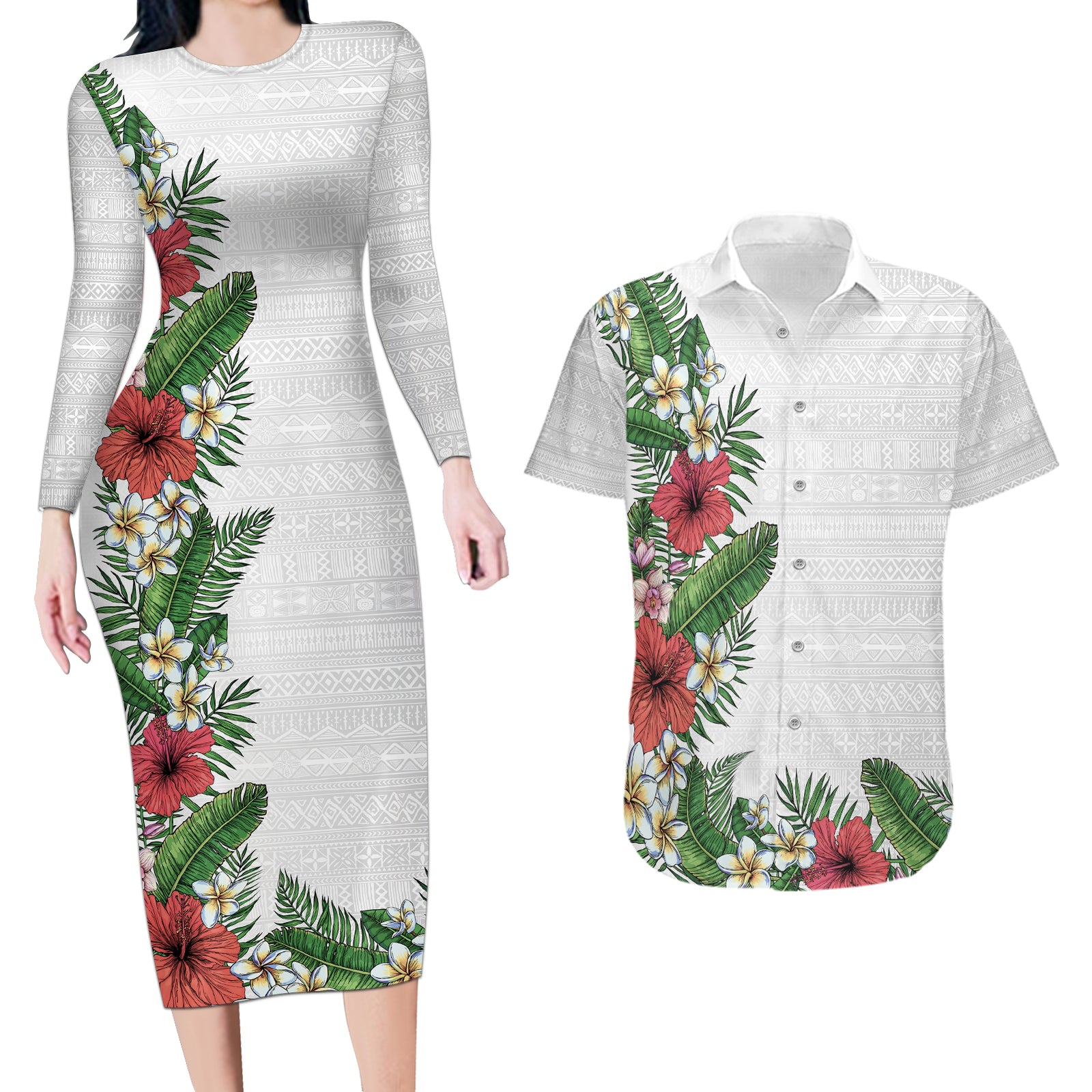 Hawaii Tropical Flowers and Leaves Couples Matching Long Sleeve Bodycon Dress and Hawaiian Shirt Tapa Pattern White Mode LT03 White - Polynesian Pride