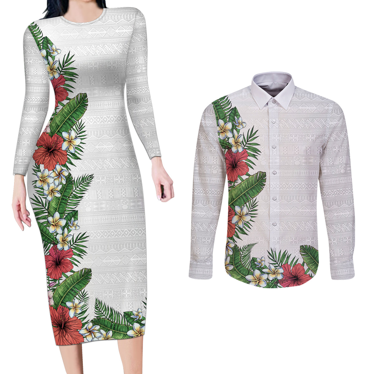 Hawaii Tropical Flowers and Leaves Couples Matching Long Sleeve Bodycon Dress and Long Sleeve Button Shirt Tapa Pattern White Mode