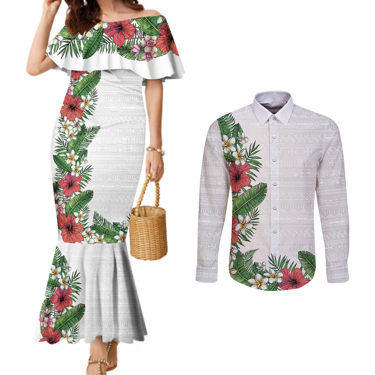 Hawaii Tropical Flowers and Leaves Couples Matching Mermaid Dress and Long Sleeve Button Shirt Tapa Pattern White Mode LT03 White - Polynesian Pride