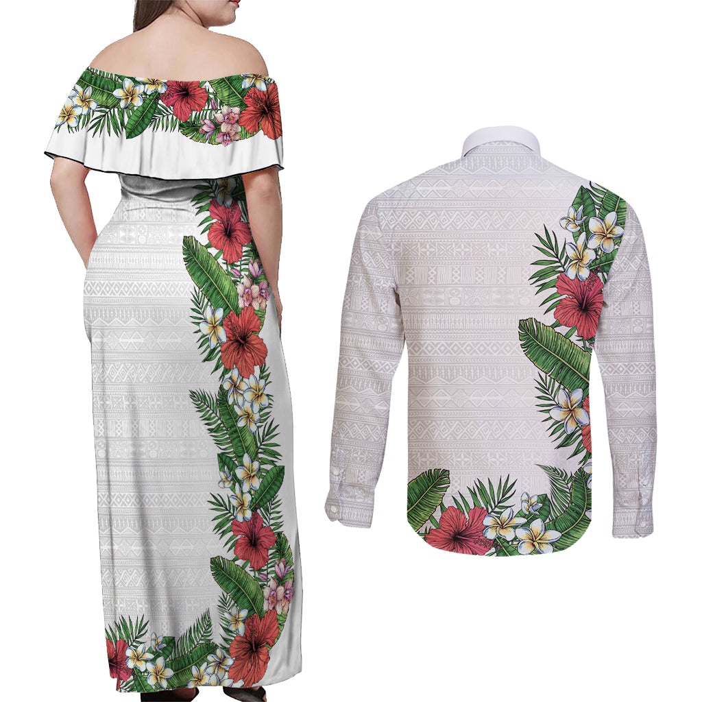 Hawaii Tropical Flowers and Leaves Couples Matching Off Shoulder Maxi Dress and Long Sleeve Button Shirt Tapa Pattern White Mode