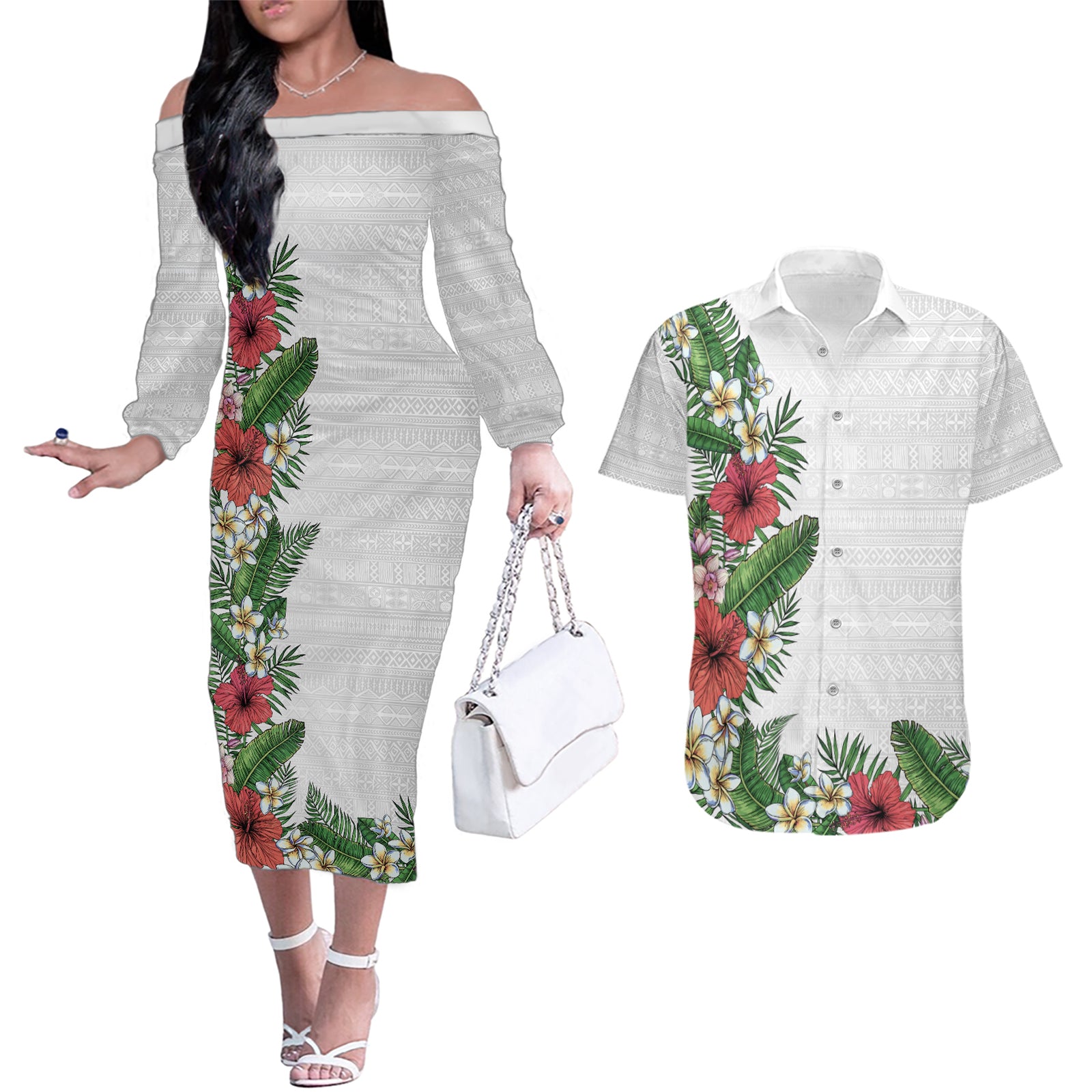 Hawaii Tropical Flowers and Leaves Couples Matching Off The Shoulder Long Sleeve Dress and Hawaiian Shirt Tapa Pattern White Mode LT03 White - Polynesian Pride
