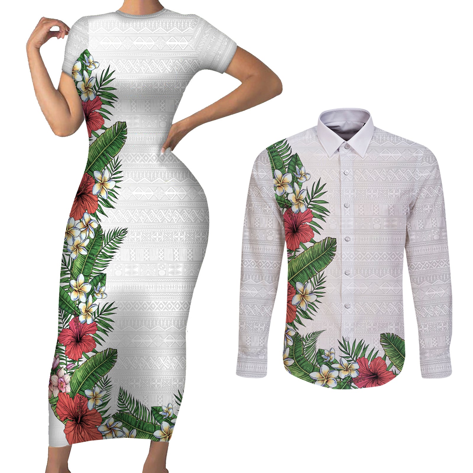 Hawaii Tropical Flowers and Leaves Couples Matching Short Sleeve Bodycon Dress and Long Sleeve Button Shirt Tapa Pattern White Mode LT03 White - Polynesian Pride