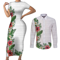 Hawaii Tropical Flowers and Leaves Couples Matching Short Sleeve Bodycon Dress and Long Sleeve Button Shirt Tapa Pattern White Mode