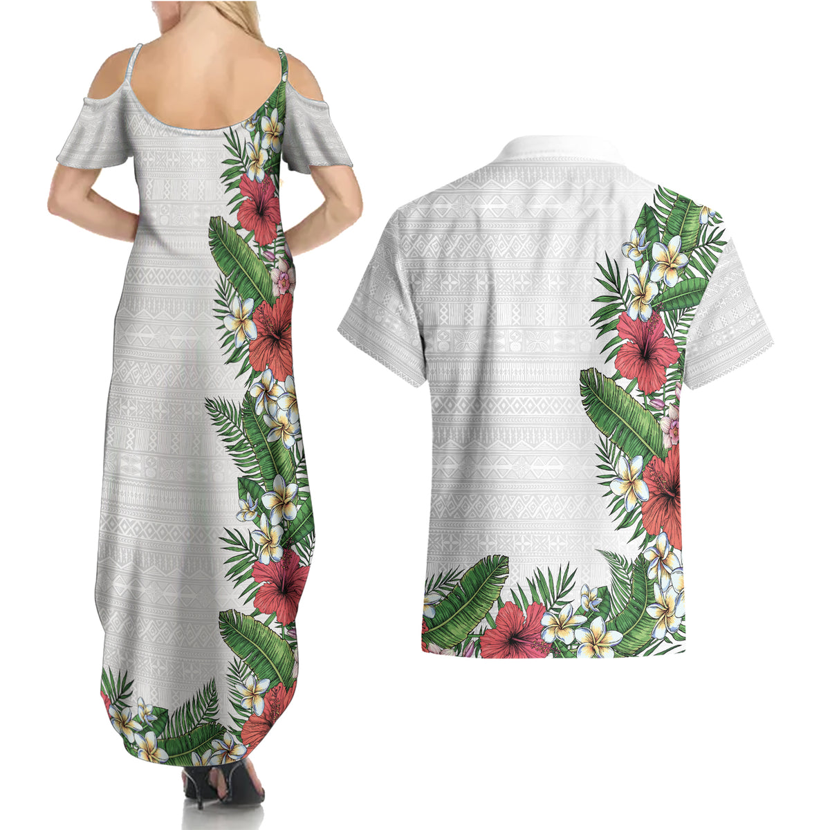 Hawaii Tropical Flowers and Leaves Couples Matching Summer Maxi Dress and Hawaiian Shirt Tapa Pattern White Mode
